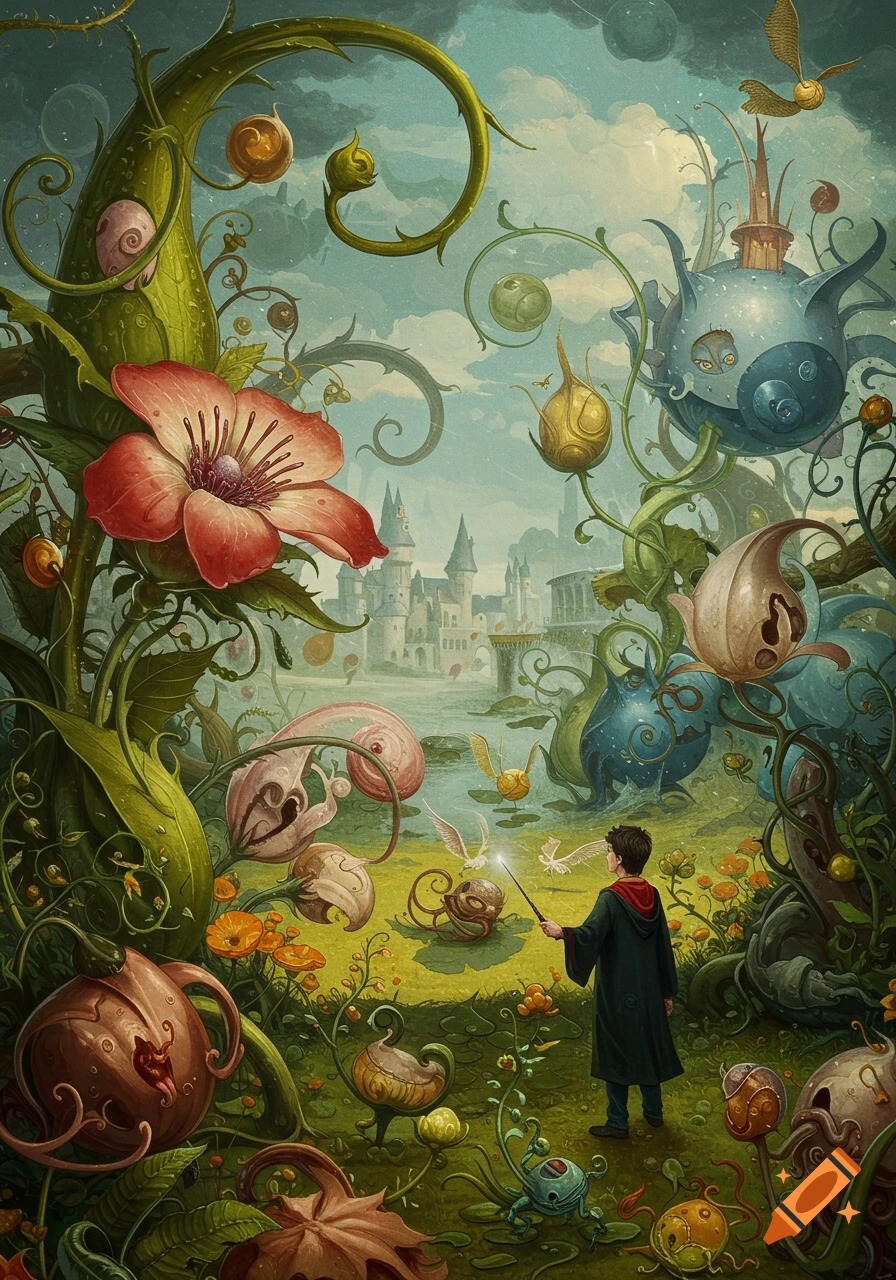 A boy resembling Harry Potter with a wand in a surreal, overgrown garden with ornate plants, bizarre creatures, and a distant castle.