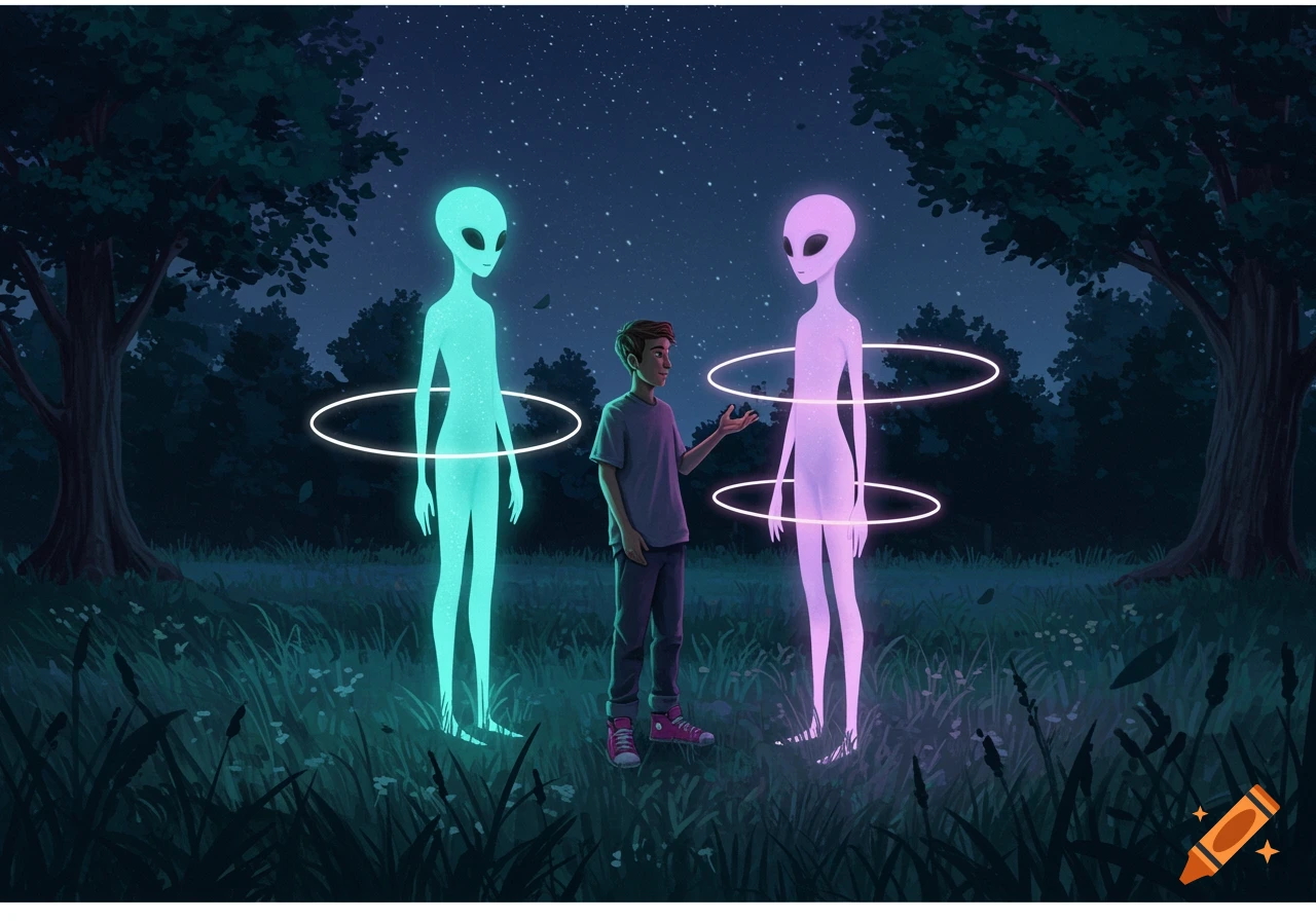 A boy stands between a glowing teal alien and a glowing purple alien in a dark forest under a starry night sky.