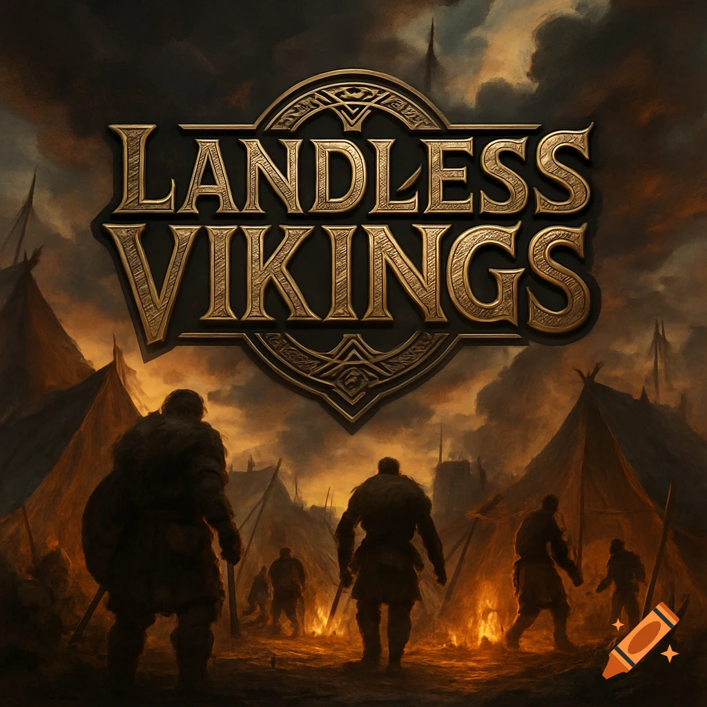 Epic dark fantasy art with a large, golden 'LANDLESS VIKINGS' logo above silhouetted Vikings walking through a fiery raiding camp at dusk.