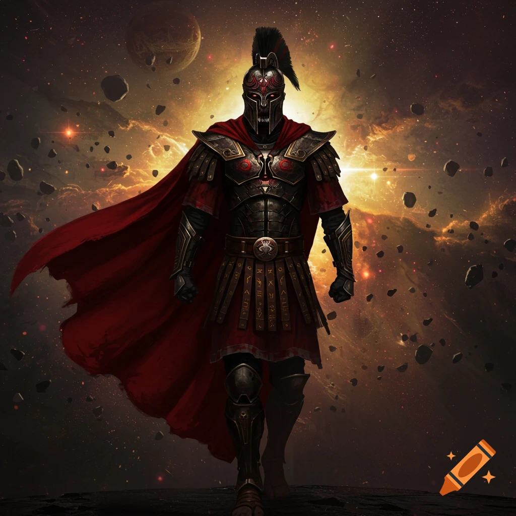 A dark warrior in ornate Roman-Grecian style armor with a red cape stands in a cosmic landscape with planets and asteroids.