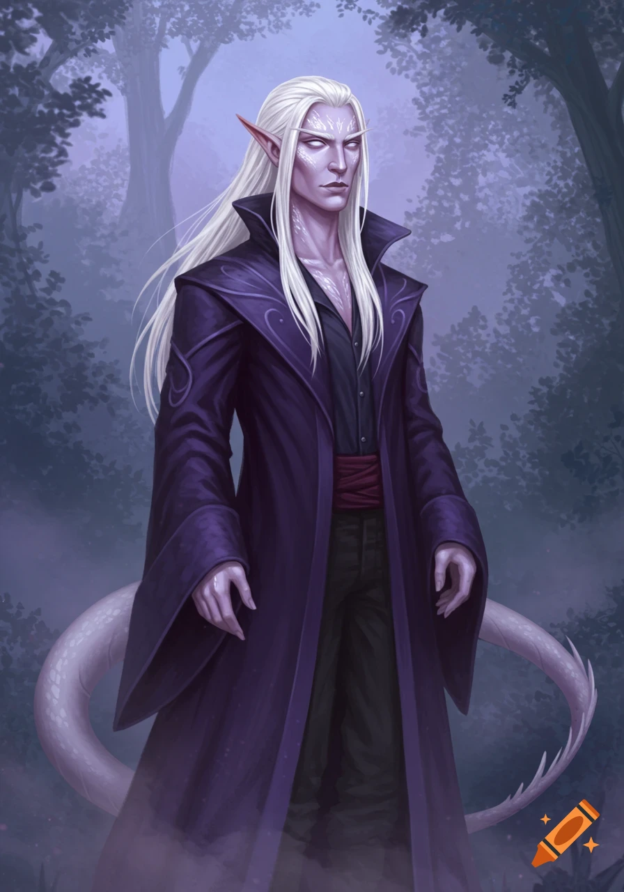 A male elf with white hair, pale purple skin, white eyes, and a purple coat stands in a misty forest with a white dragon tail.