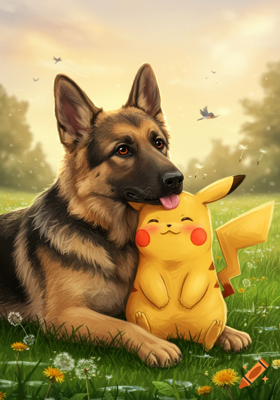 A German Shepherd dog licks the face of a smiling Pikachu in a grassy field filled with dandelions, under a bright, warm sky.