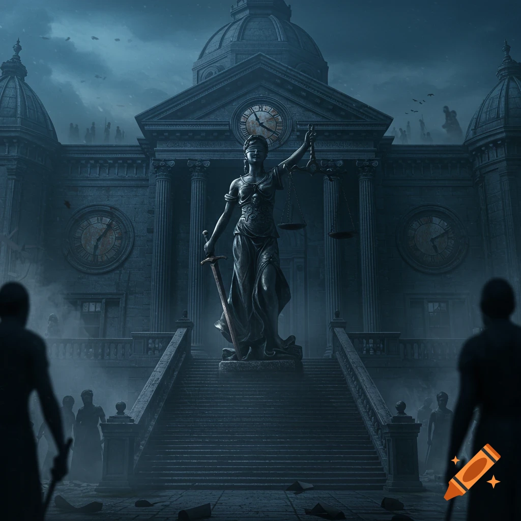 A dark, atmospheric image of the Lady Justice statue in front of a grand courthouse, with silhouetted figures in the foreground and background.