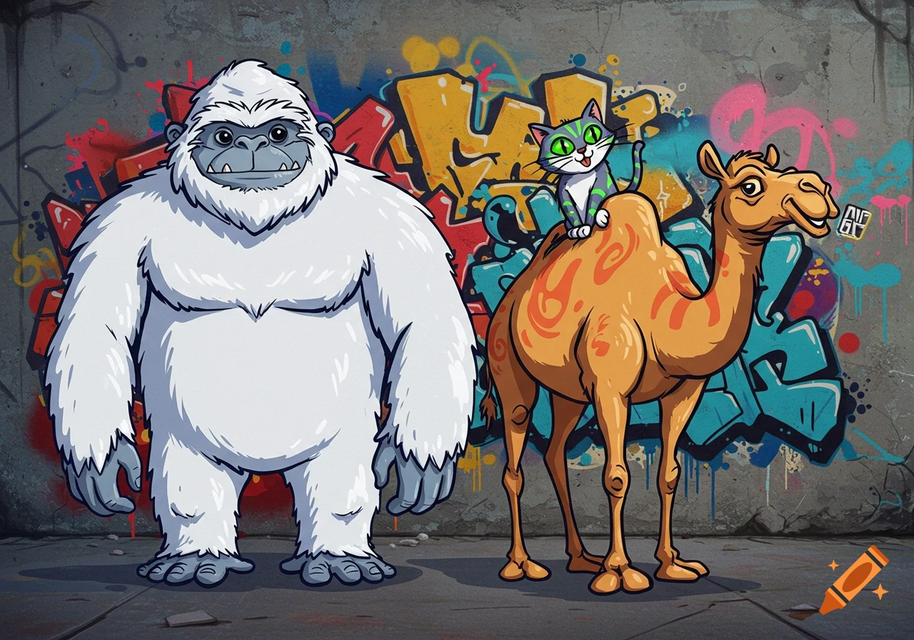 A cartoon yeti, camel, and cat stand in front of a colorful graffiti wall.