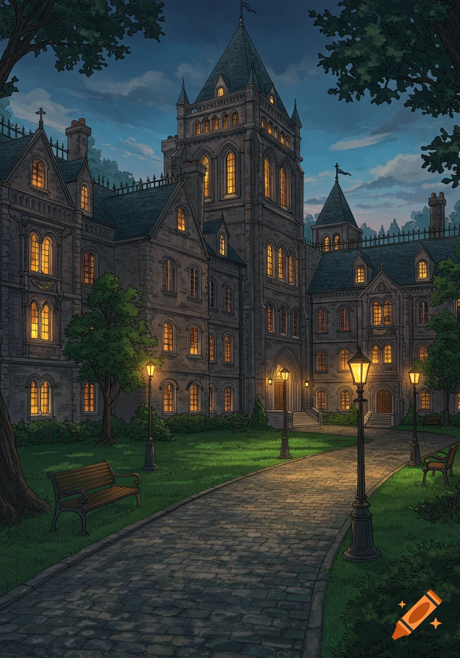 An illustrated view of a Gothic-style academy at night, with illuminated windows, a cobblestone path, and street lamps.