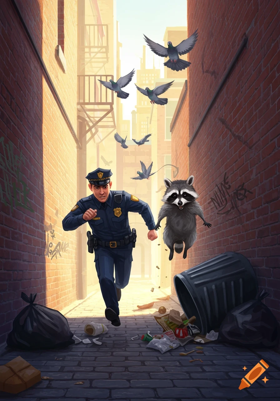 A police officer runs through a narrow, brick-walled alley, chasing a floating raccoon. Pigeons fly above them, and trash litters the ground.