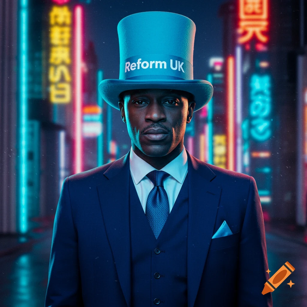 A man in a suit and cyan top hat with 'Reform UK' stands in a futuristic city street with neon lights.