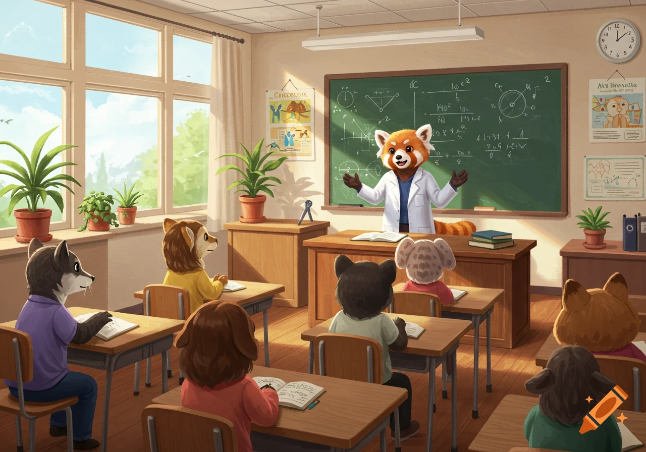 An anthropomorphic red panda teacher in a lab coat teaches a classroom of animal students at their desks.