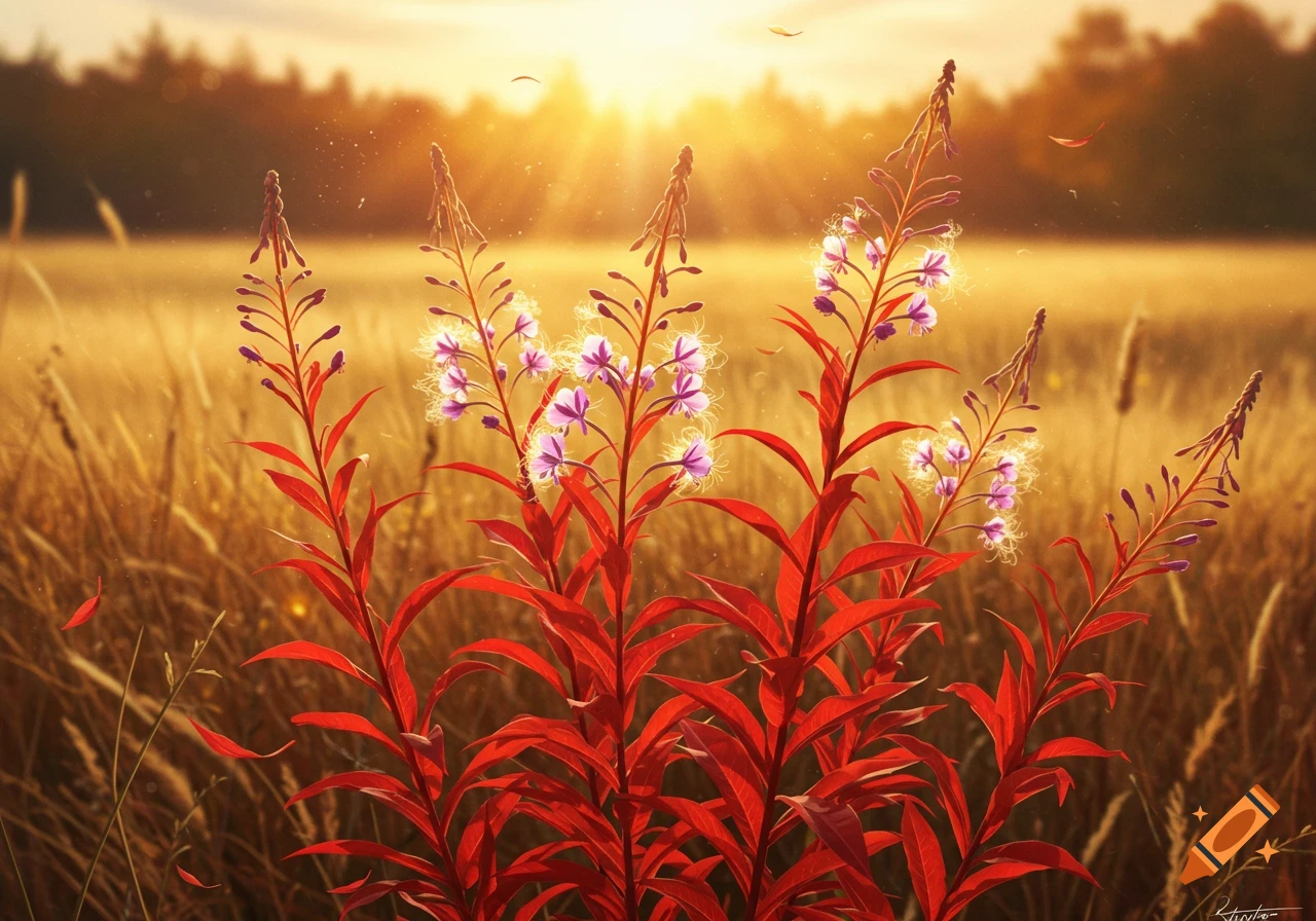 Fireweed flowers with red stems and purple blossoms in a golden field under a radiant sunset.