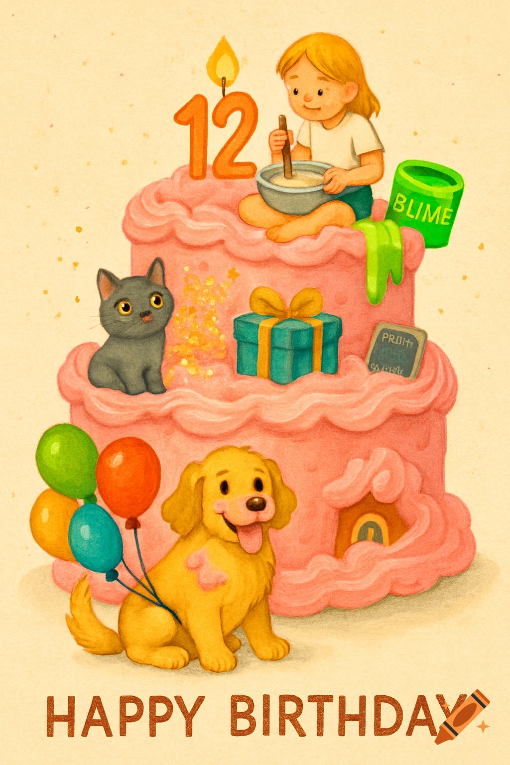 A whimsical birthday card illustration featuring a three-tier pink cake, a girl mixing slime, a grey cat, a golden retriever with balloons, and a "12" candle.
