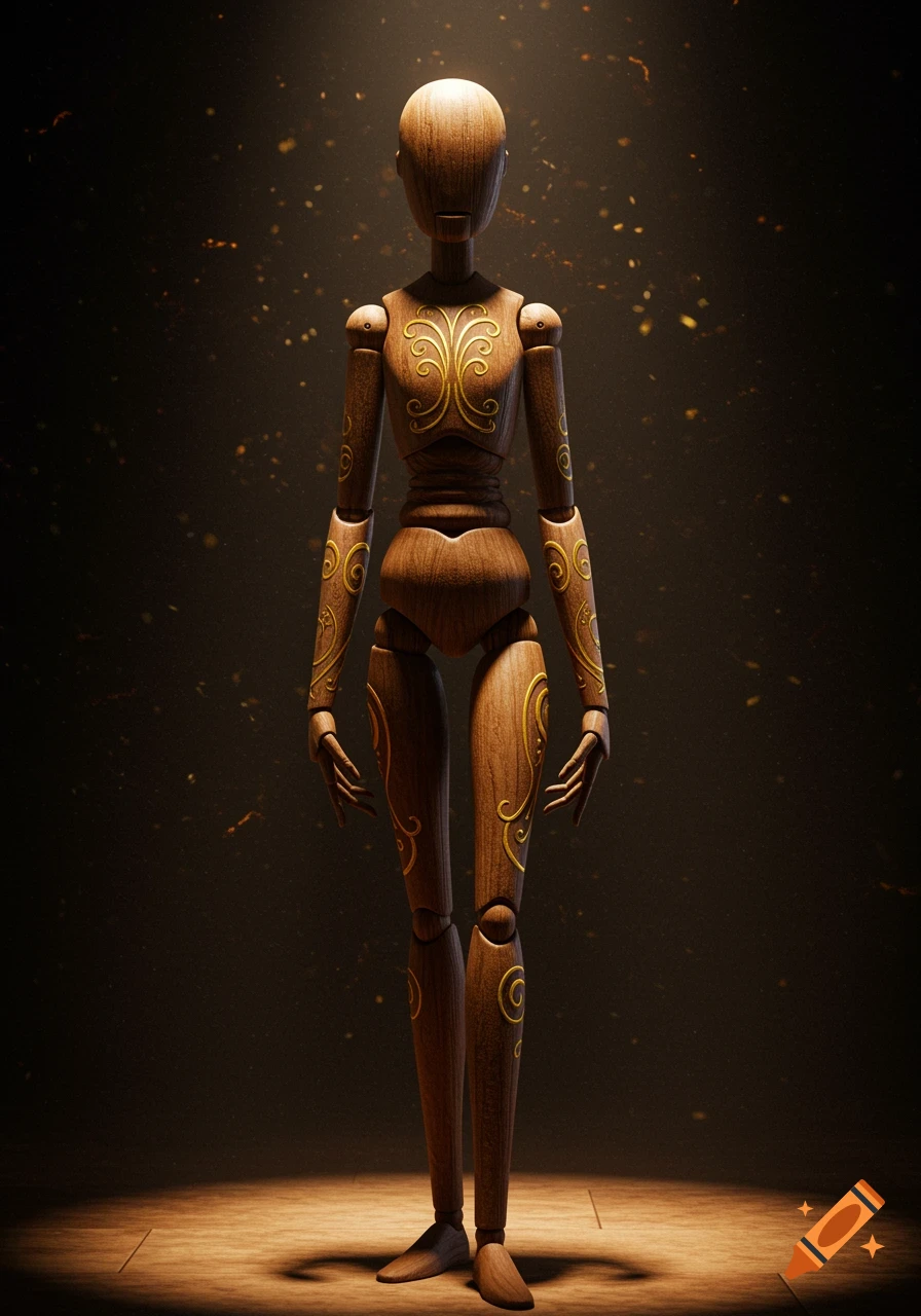 A detailed wooden mannequin with intricate gold swirling designs on its limbs and torso, standing under a spotlight.