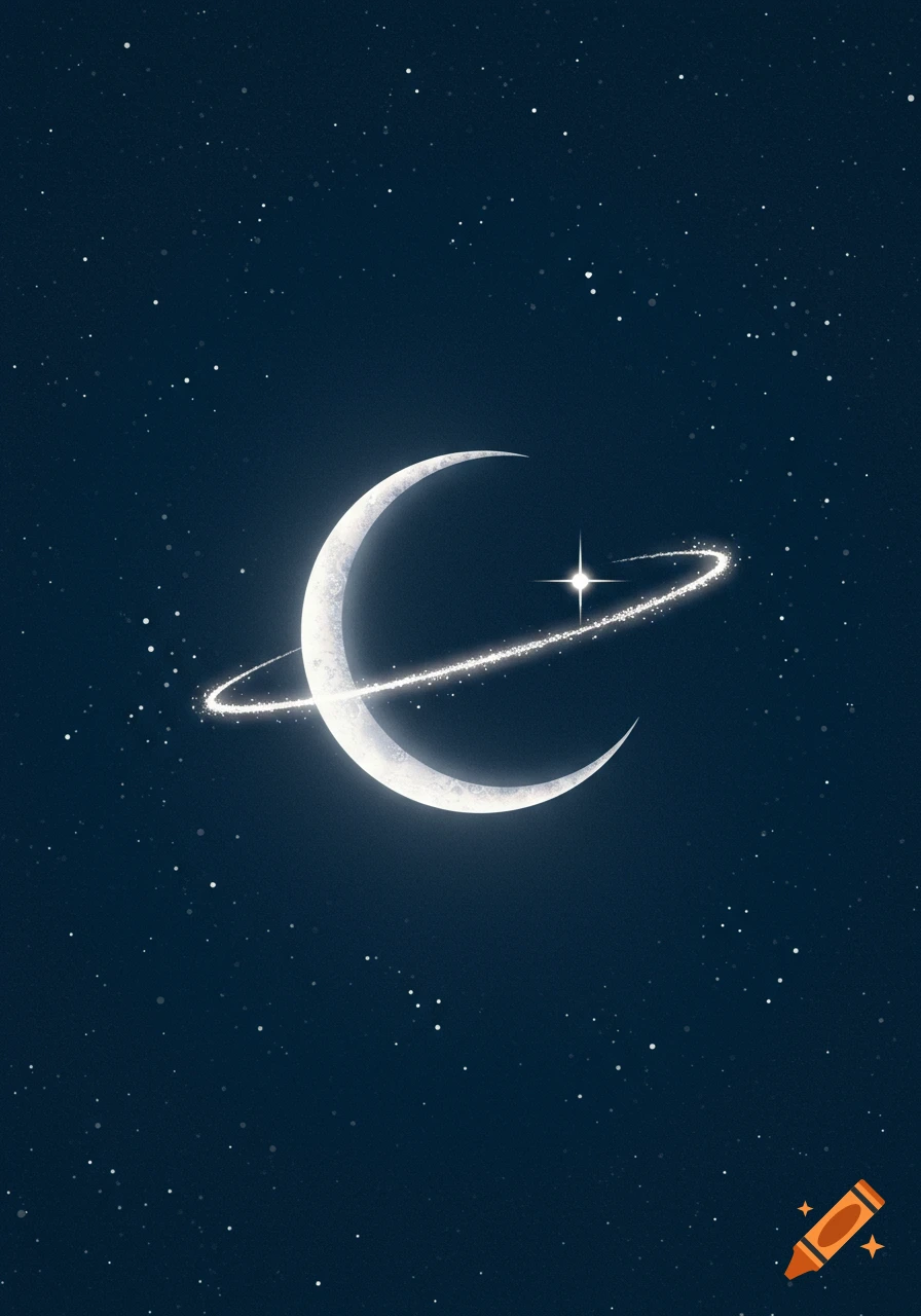 A glowing white crescent moon with a sparkling ring around it and a bright star, set against a dark blue starry night sky.
