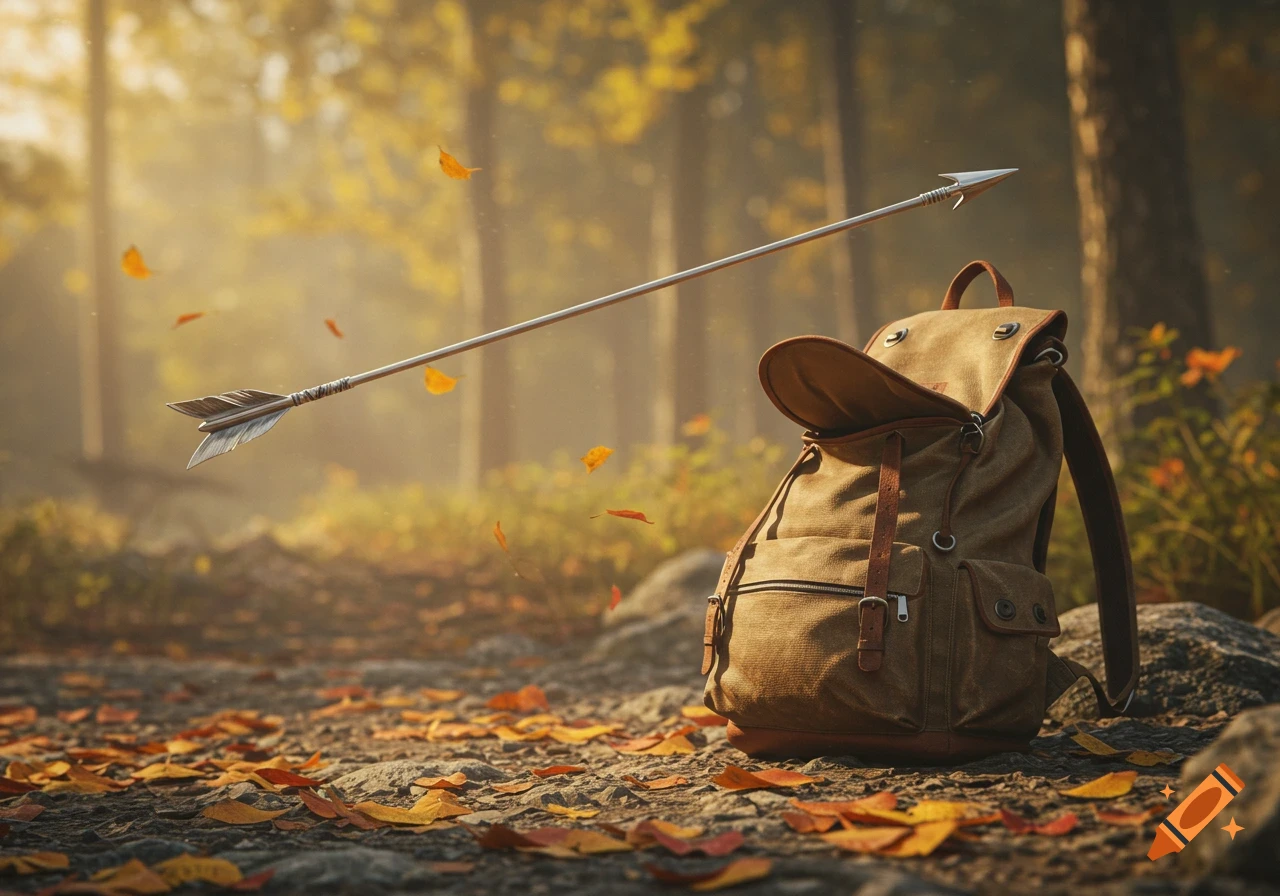A brown canvas backpack sits on a forest floor covered in autumn leaves, with a silver arrow floating above it.