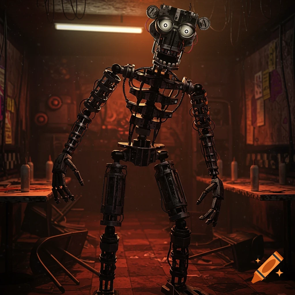 A detailed photorealistic image of a wirey, skinny, hydraulic endoskeleton robot standing in a dark, abandoned room with tables and debris.