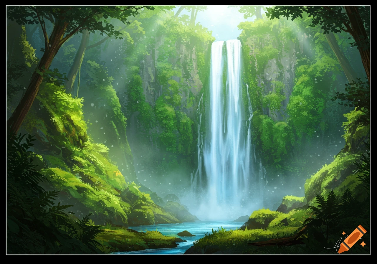 A lush, vibrant green forest with a tall waterfall cascading into a river, illuminated by sunbeams through a misty atmosphere.