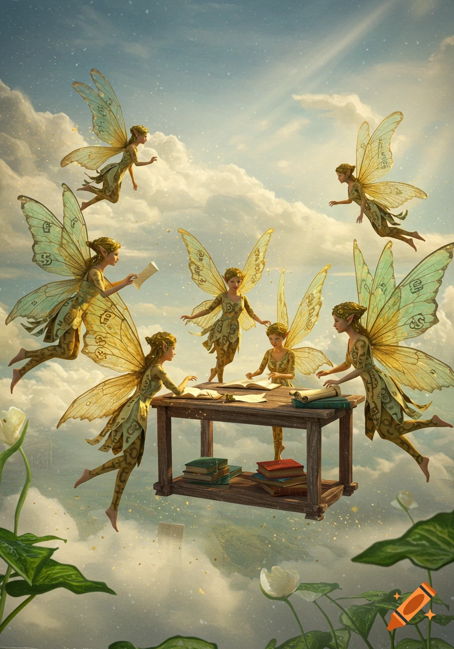 Several fairies flying and studying at a floating wooden desk with books amidst a cloudy sky.