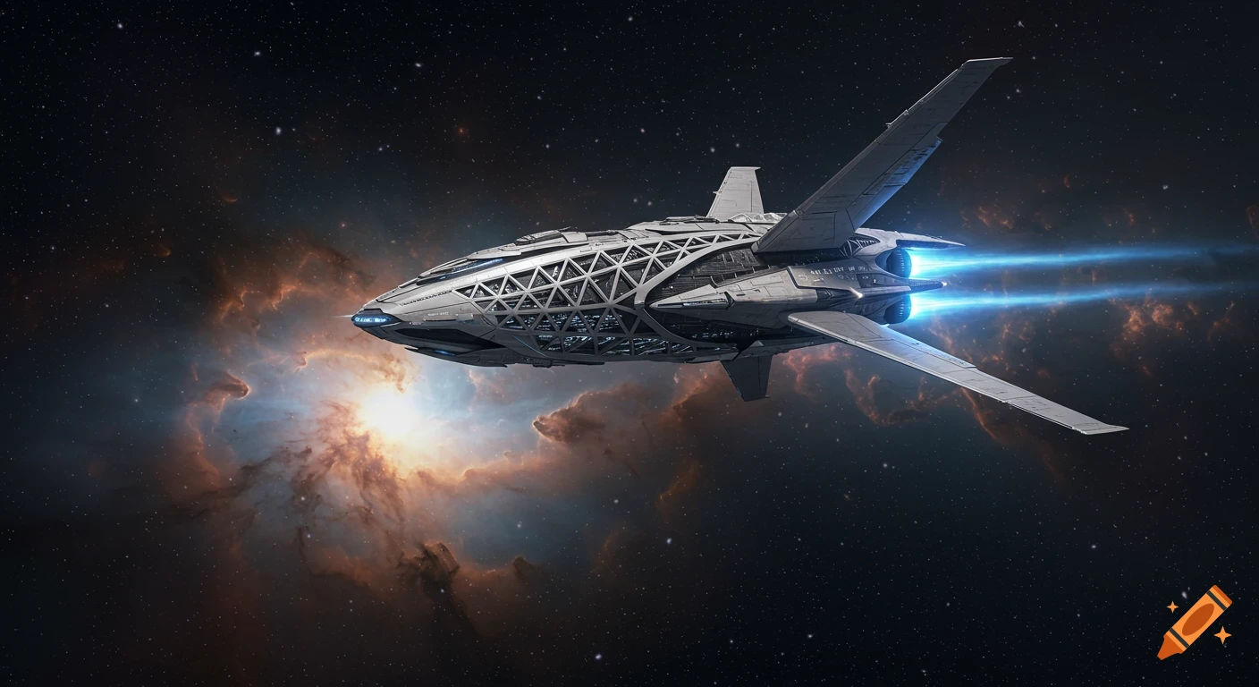 A realistic intergalactic spaceship with metallic hull and glowing blue engines, flying through deep space near colorful nebulas and stars.