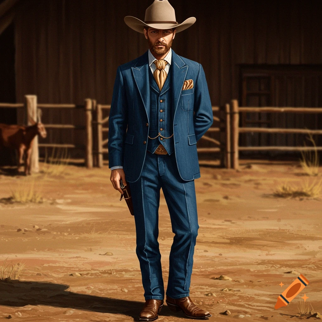 A man in a blue denim suit, gold vest, and cowboy hat stands in a dusty Western setting, holding a holstered gun.