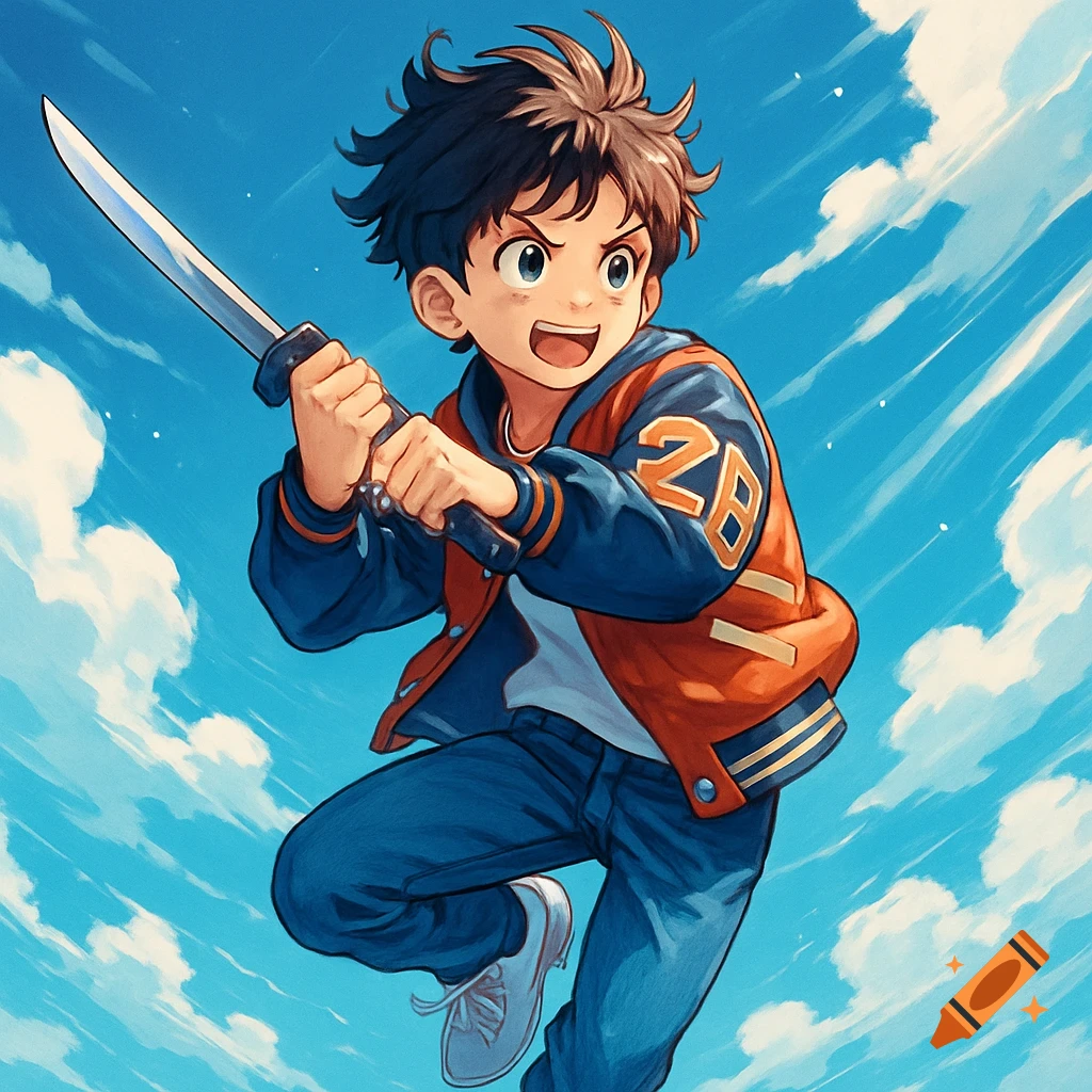 Anime style young boy in a jacket, swinging a sword while jumping in a blue sky with clouds.