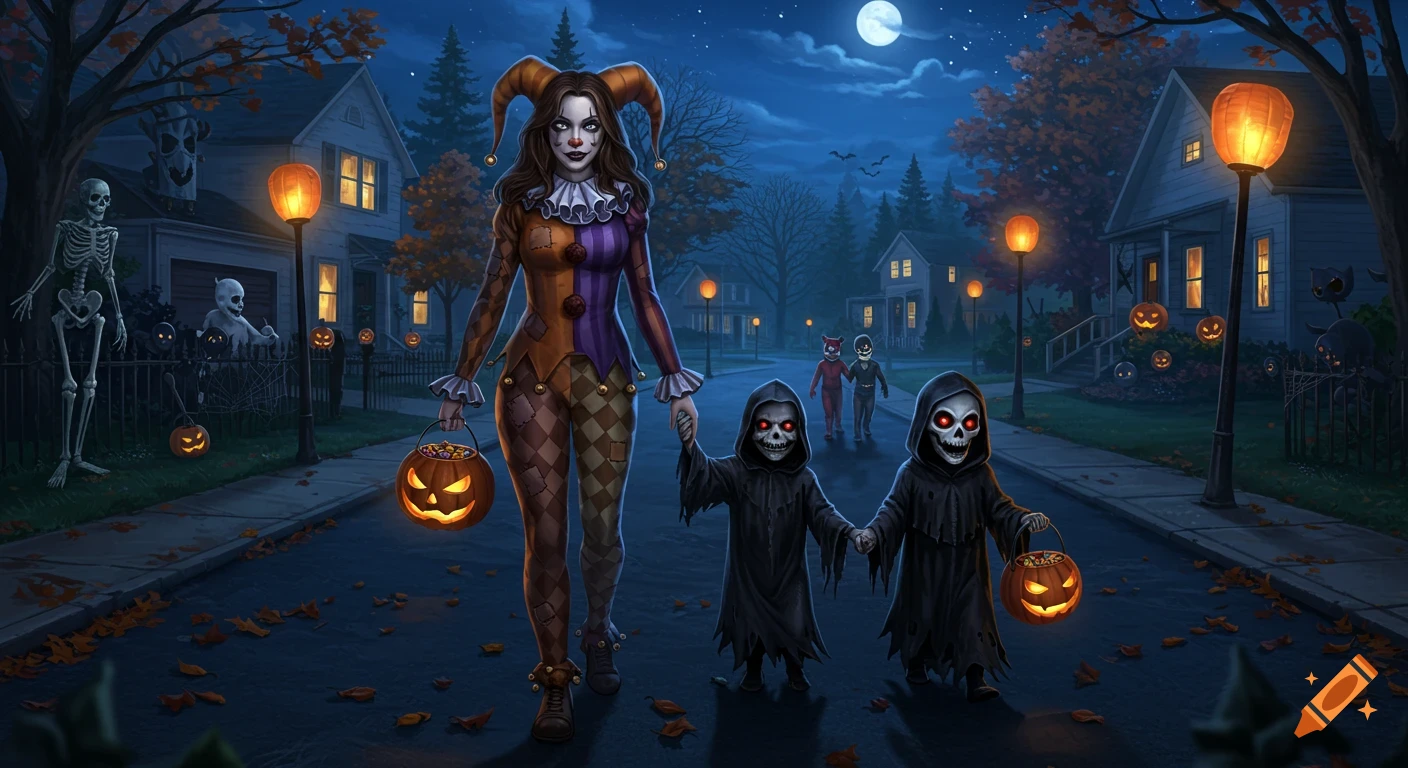 A clown woman and children in grim reaper costumes trick-or-treating on a Halloween night in a decorated suburban street.
