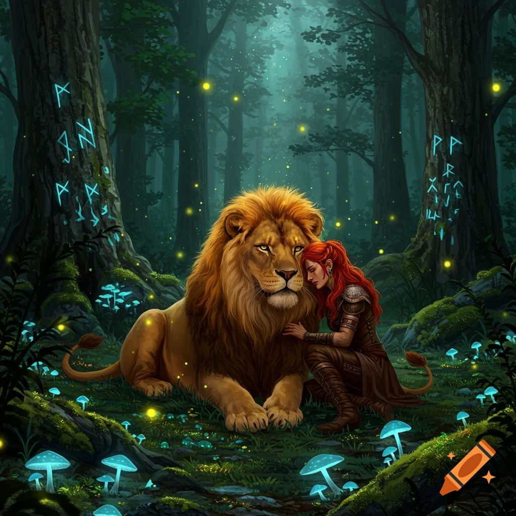 A red-headed warrior woman cuddles a large lion in a mystical, glowing forest with blue mushrooms and runes on trees.