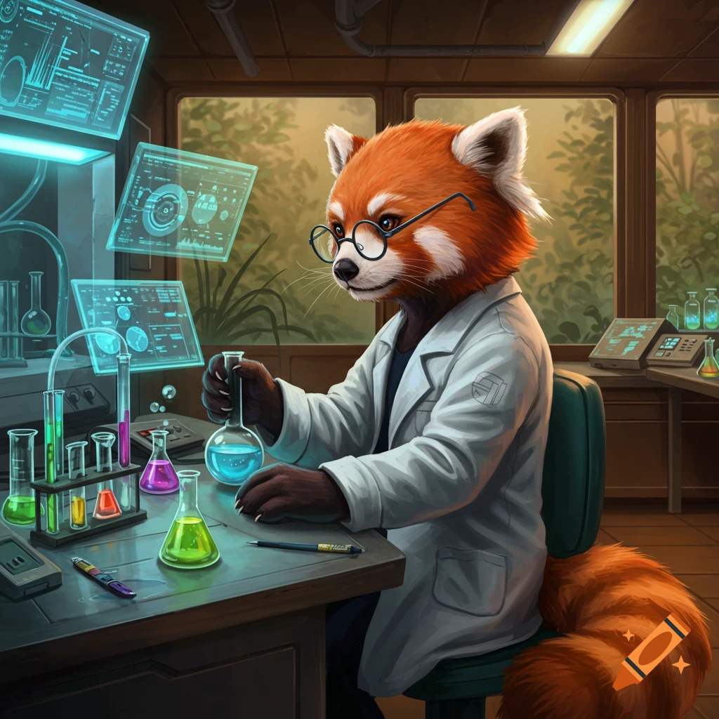 A red panda wearing a lab coat and glasses works in a science laboratory, holding a flask amidst beakers and glowing screens.