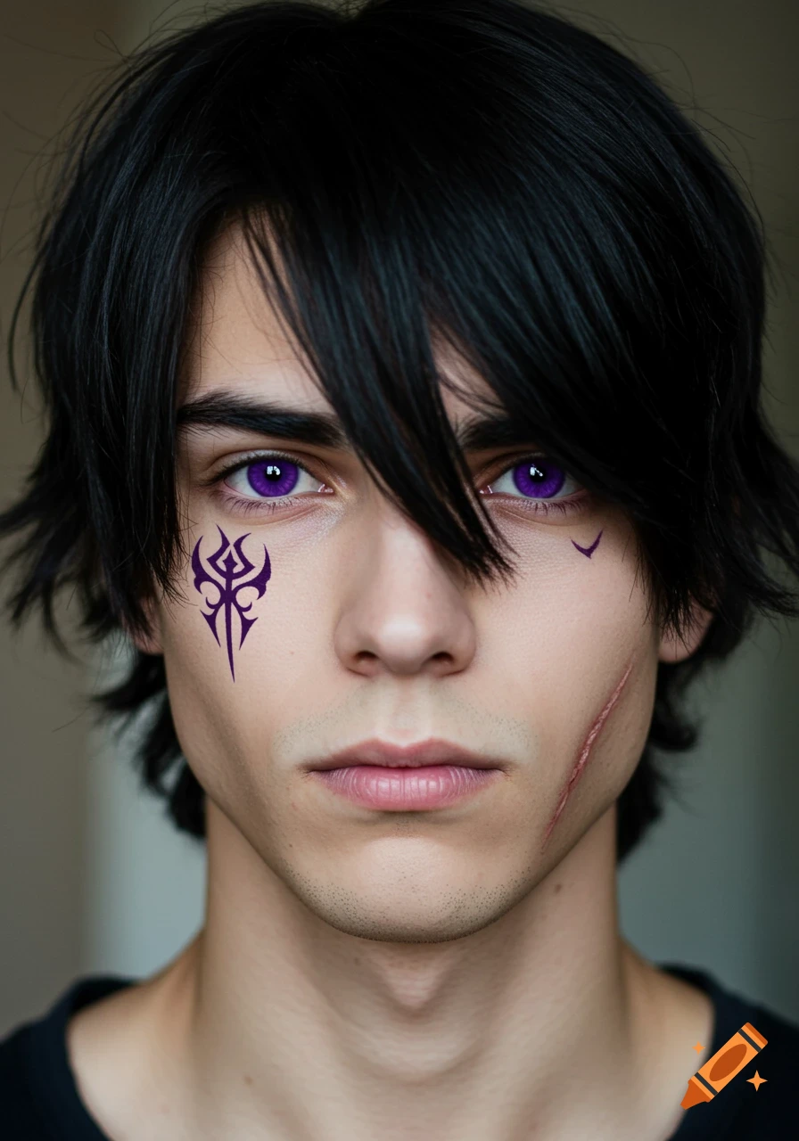 Close-up photorealistic portrait of a young man with black hair, purple eyes, purple symbols, and a scar on his cheek.