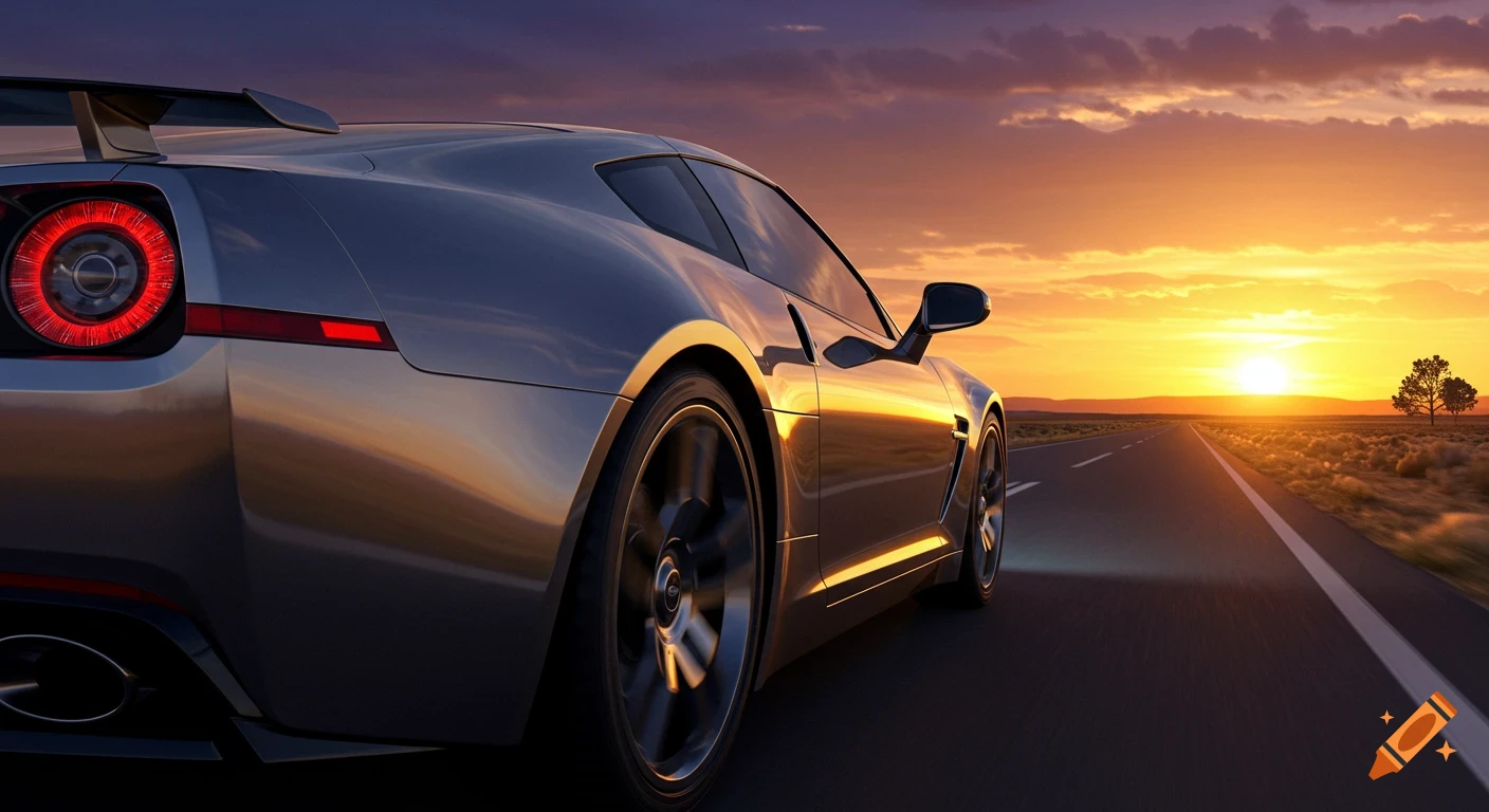 A silver sports car drives down a highway at sunset, with a vibrant orange and purple sky.