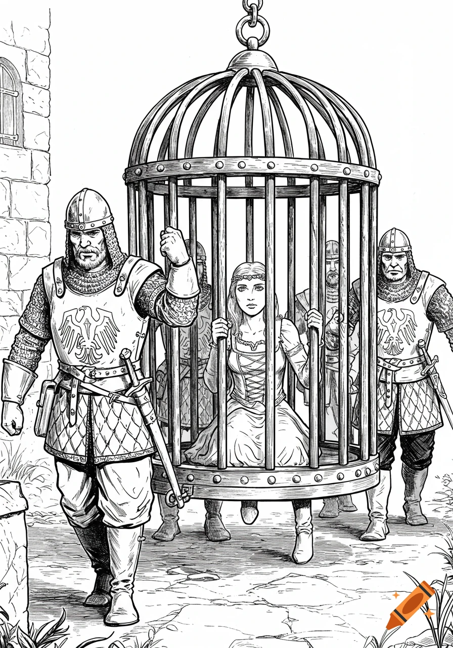 Black and white line art illustration of a young woman in a cage being carried by four armored medieval guards.