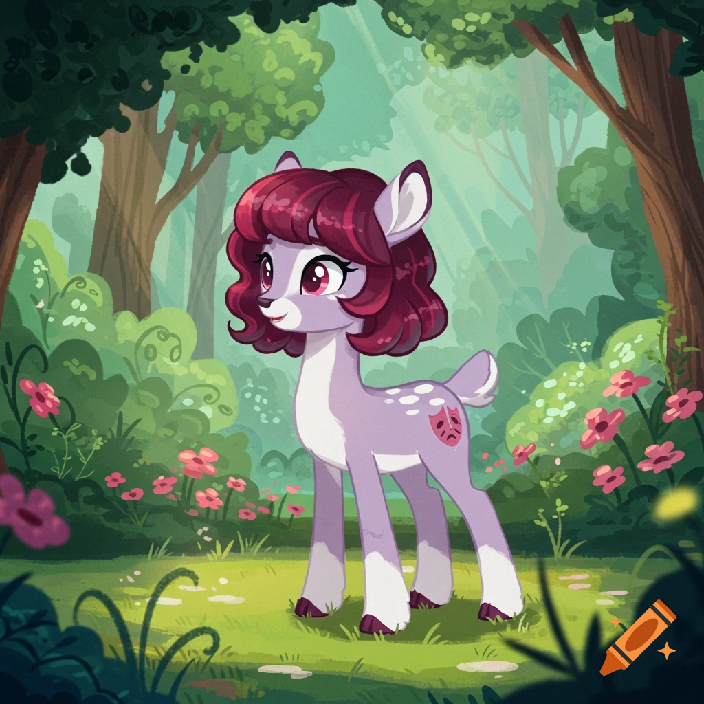 A cartoon deer with a burgundy mane, light purple body, and a theater mask cutie mark stands in a vibrant green forest.
