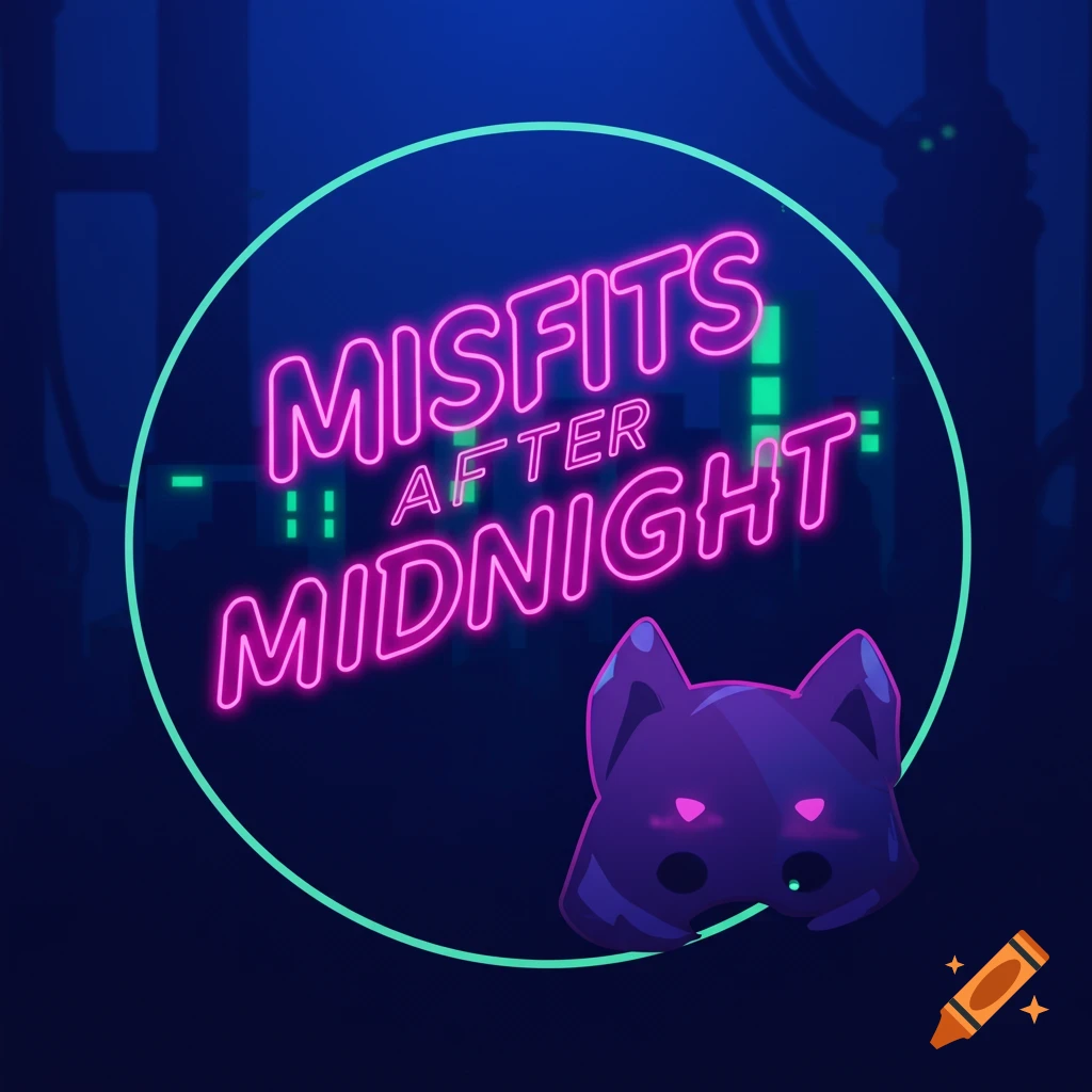 Neon art logo with 'Misfits After Midnight' in pink glow, a green circle, and a purple stylized cat head, set against a dark cityscape.