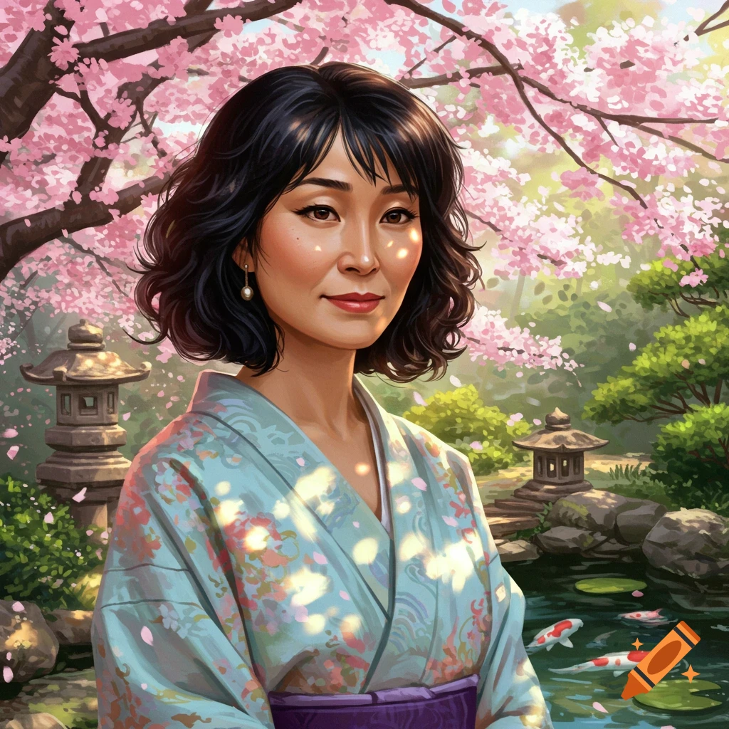 A smiling Asian woman in a blue floral kimono stands in a Japanese garden with pink cherry blossoms and a koi pond.