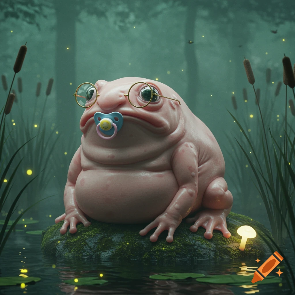 A photorealistic, pink, blob-like toad-creature wearing glasses and a pacifier, sitting on a mossy rock in a glowing, misty swamp.