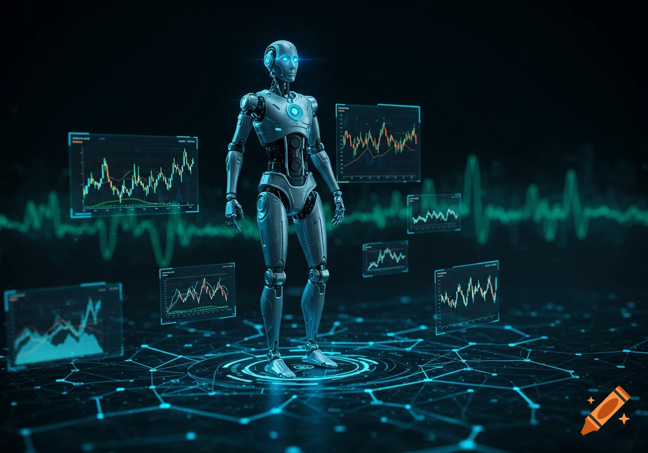 A metallic humanoid robot stands on a glowing network grid, surrounded by floating holographic charts displaying data.