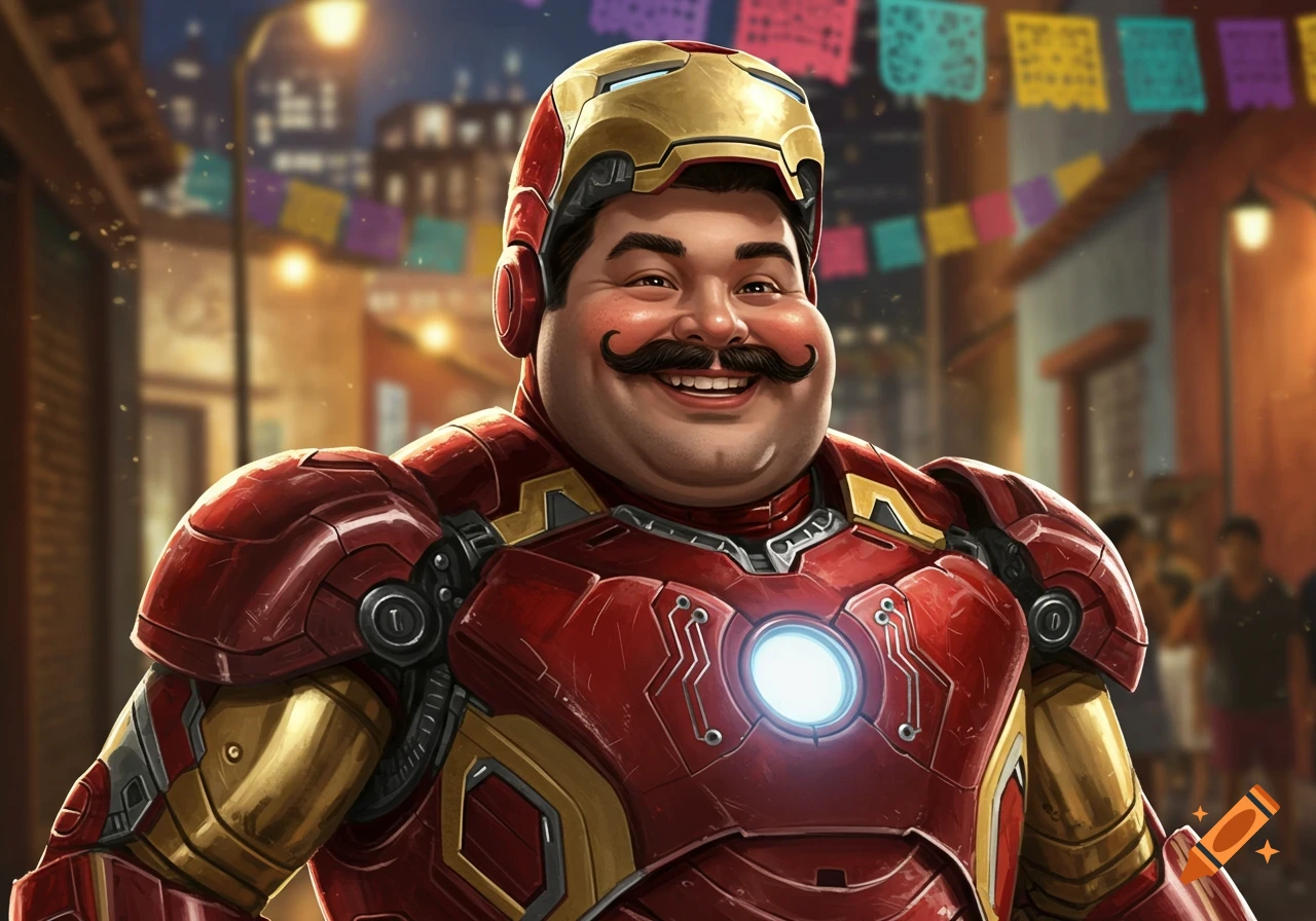 A smiling, chubby man with a large mustache wearing an Iron Man suit, standing on a festive street at night with colorful banners. Illustrated.