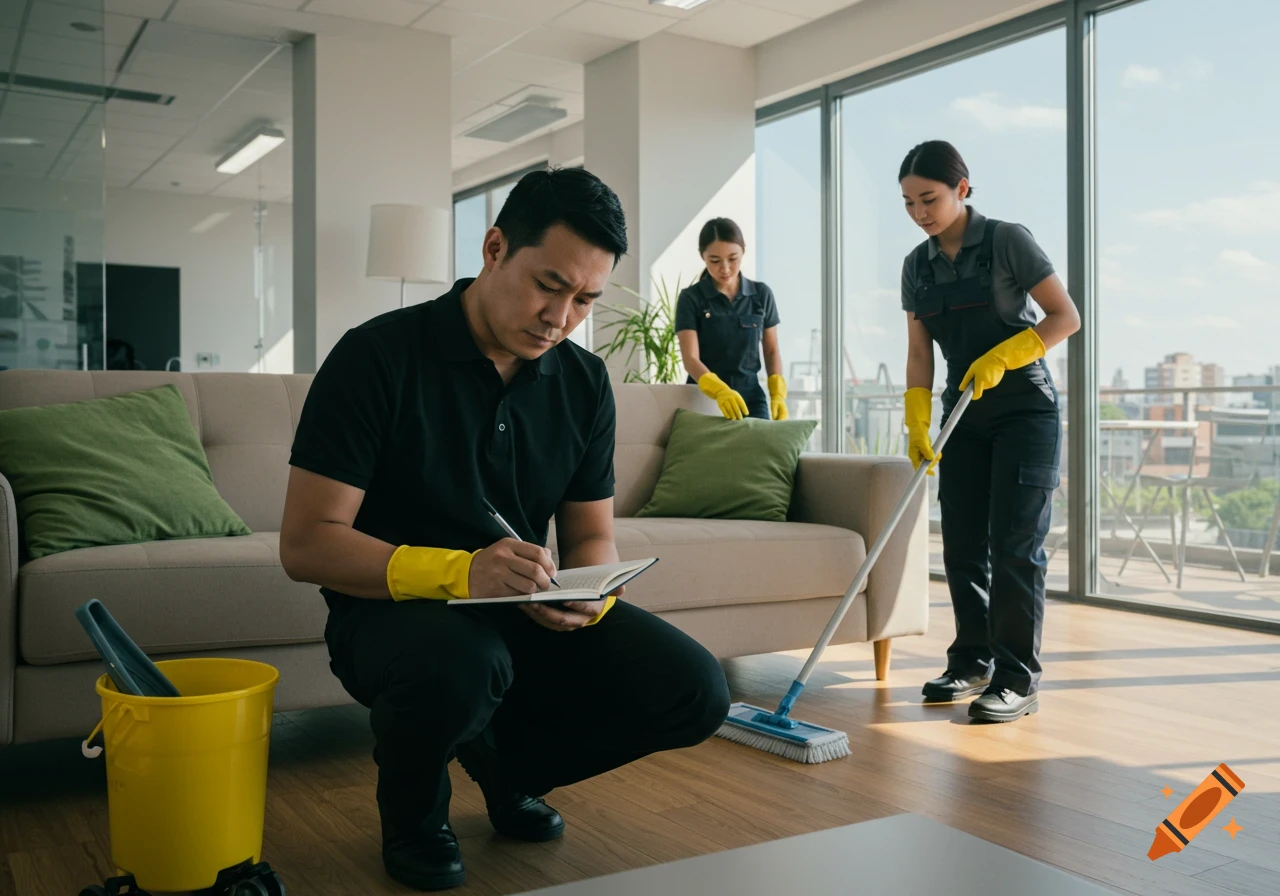 A team of professional cleaners in a modern office, with one man writing in a notebook and two women cleaning.