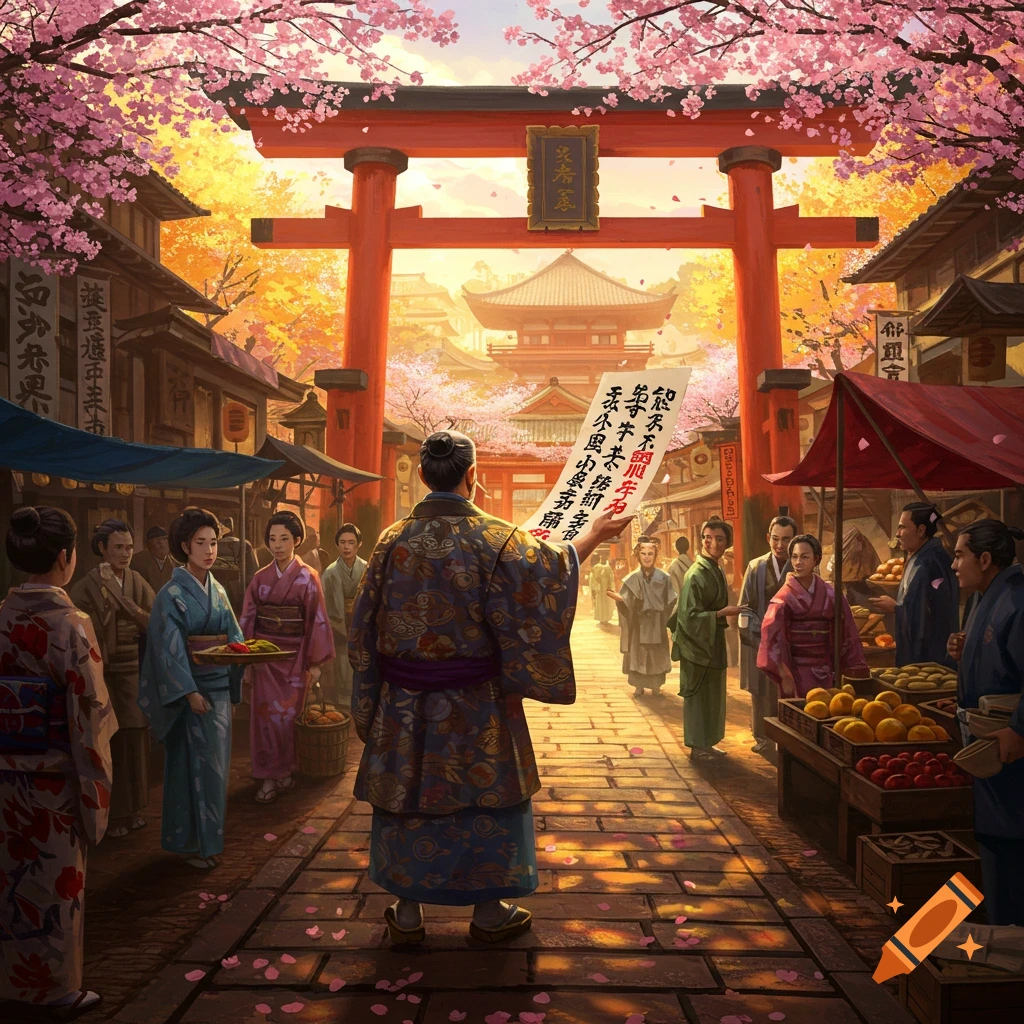 A man in traditional Japanese attire holds a scroll in a bustling market street under blooming cherry blossom trees, with a red torii gate and temple in the background, in a painting style.
