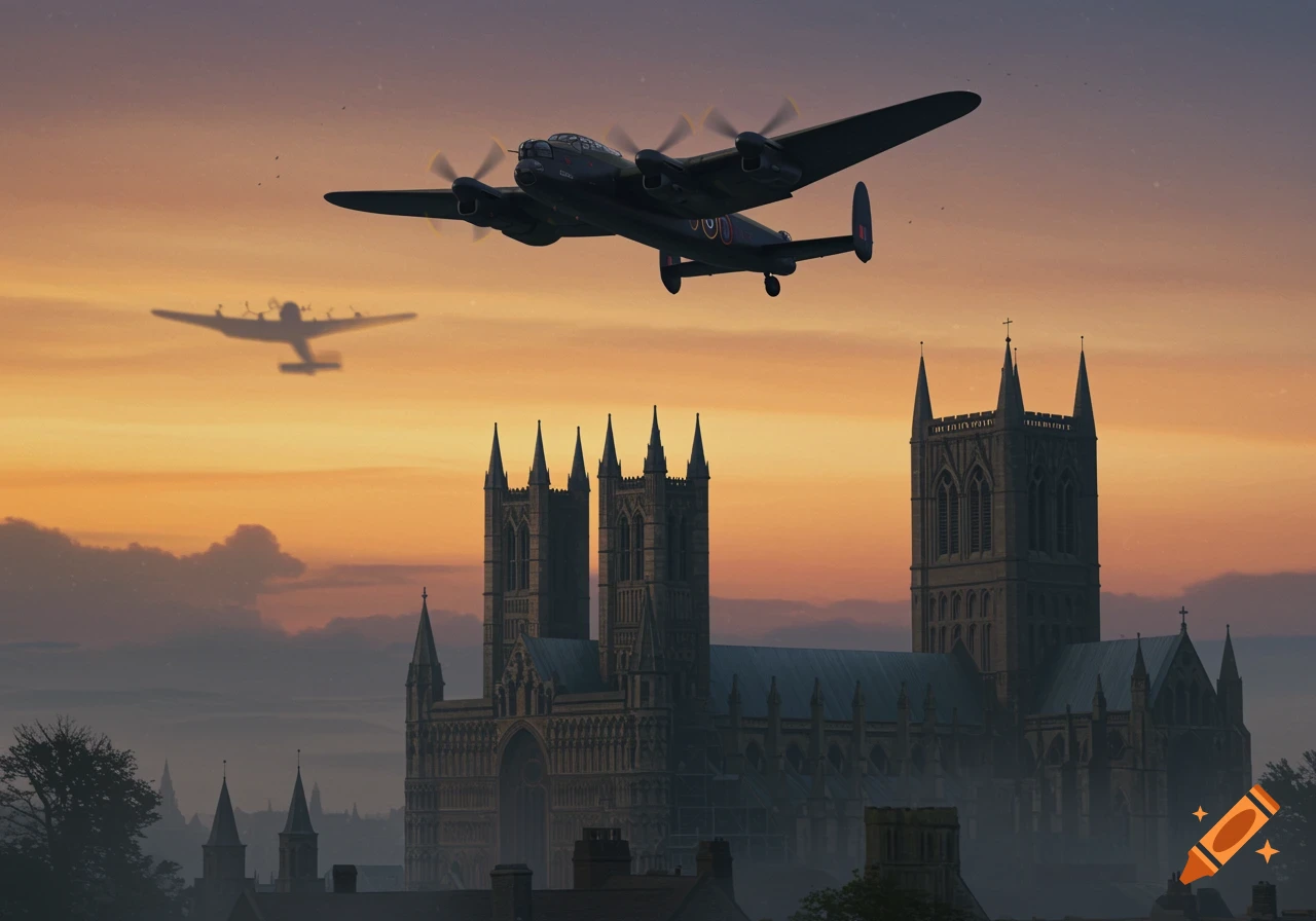 A Lancaster bomber flies over a gothic cathedral at sunset with a second bomber in the hazy background.