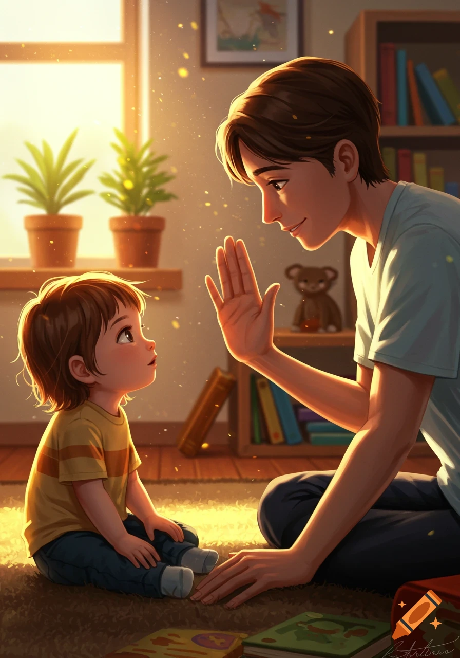 An adult with dark hair holds up a hand in a 'stop' gesture to a child with brown hair, both sitting on a rug in a sunlit room. Illustration.