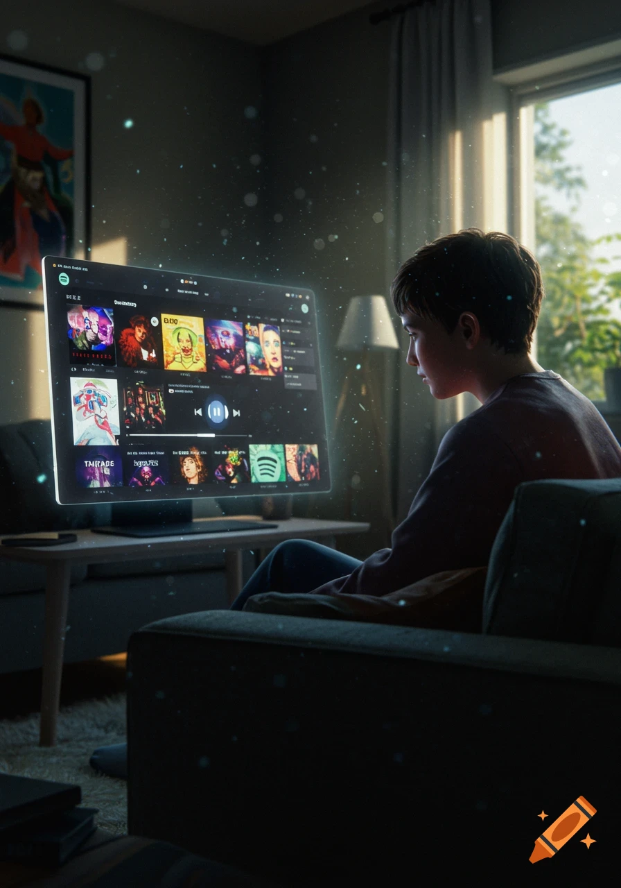 A young person sits on a sofa, looking at a large, translucent screen displaying a music streaming interface in a cozy room with sunlight streaming through a window.