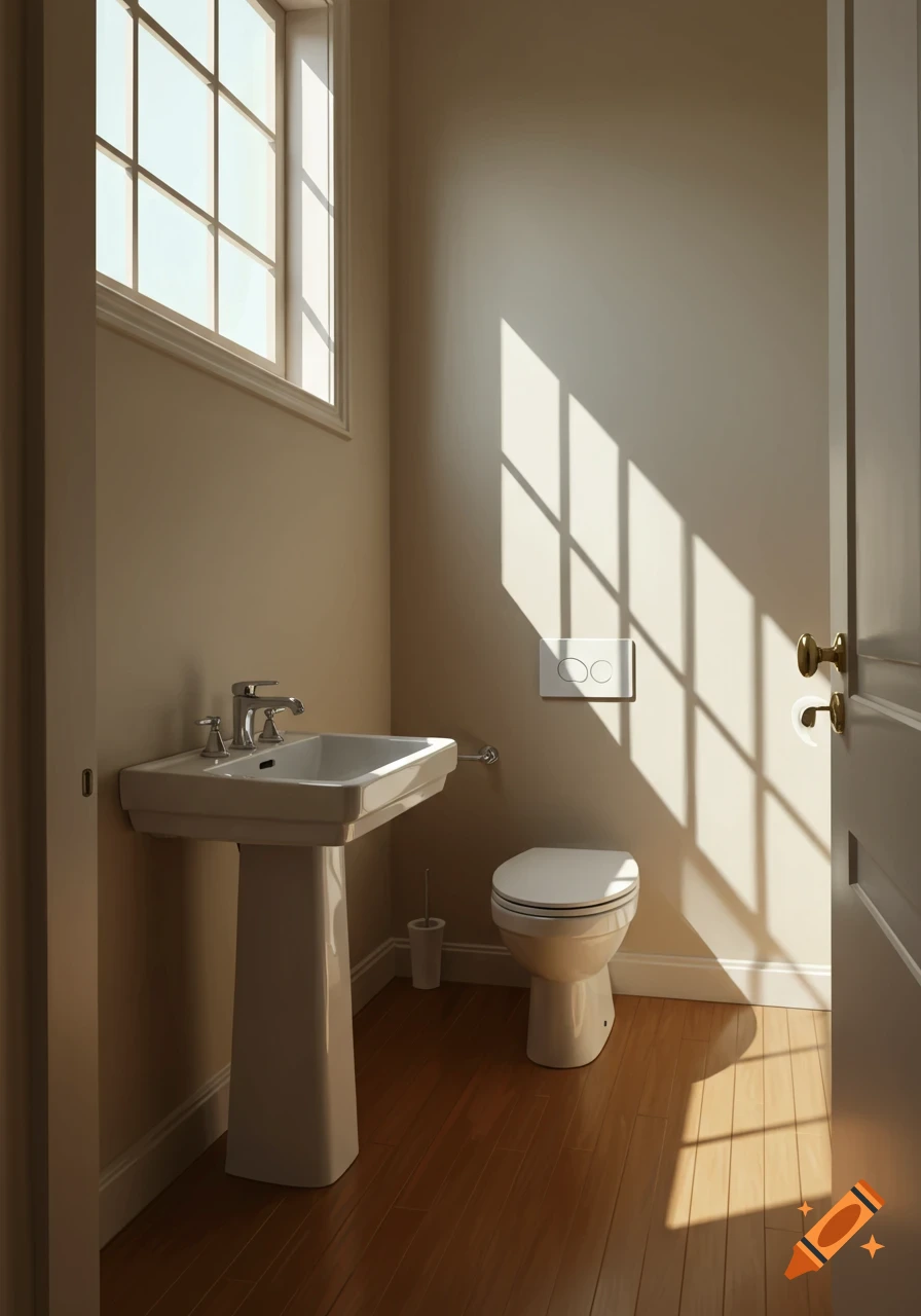 Photorealistic image of a brightly lit powder room with a white pedestal sink, toilet, tall window, and warm sunlight on a wooden floor.