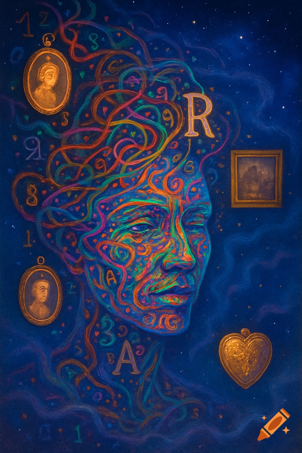 A vibrant, abstract portrait of a person's head, made of swirling colorful lines, numbers, and letters on a dark blue background with stars.