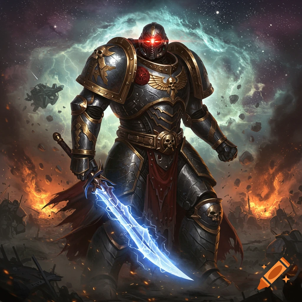 A heavily armored futuristic warrior with glowing red eyes stands on a battlefield holding a glowing blue energy sword, set against a stormy space background.