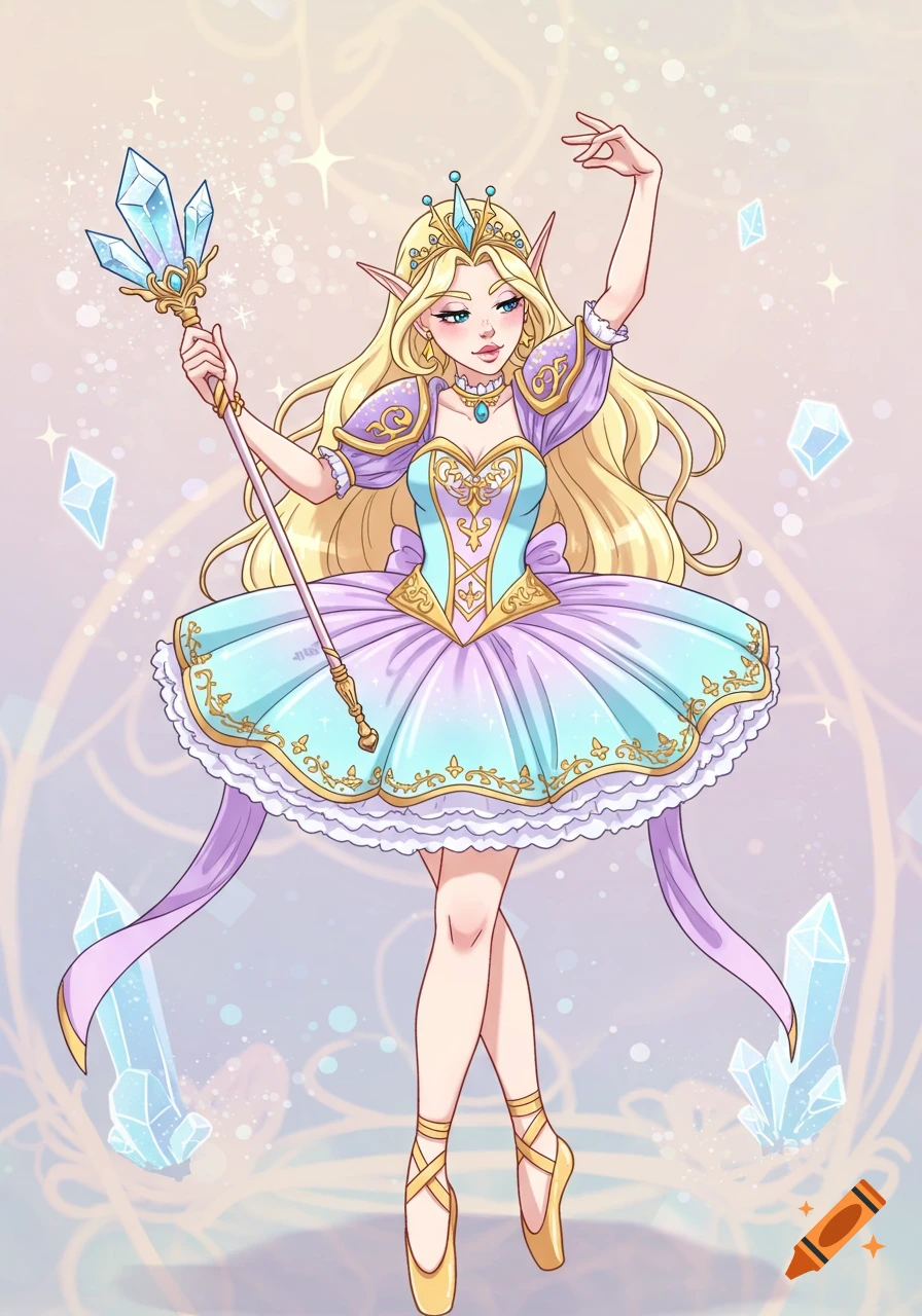 Cartoon elf ballerina with blonde hair, wearing a purple and blue tutu, holding a crystal wand, in a dreamy fantasy setting.