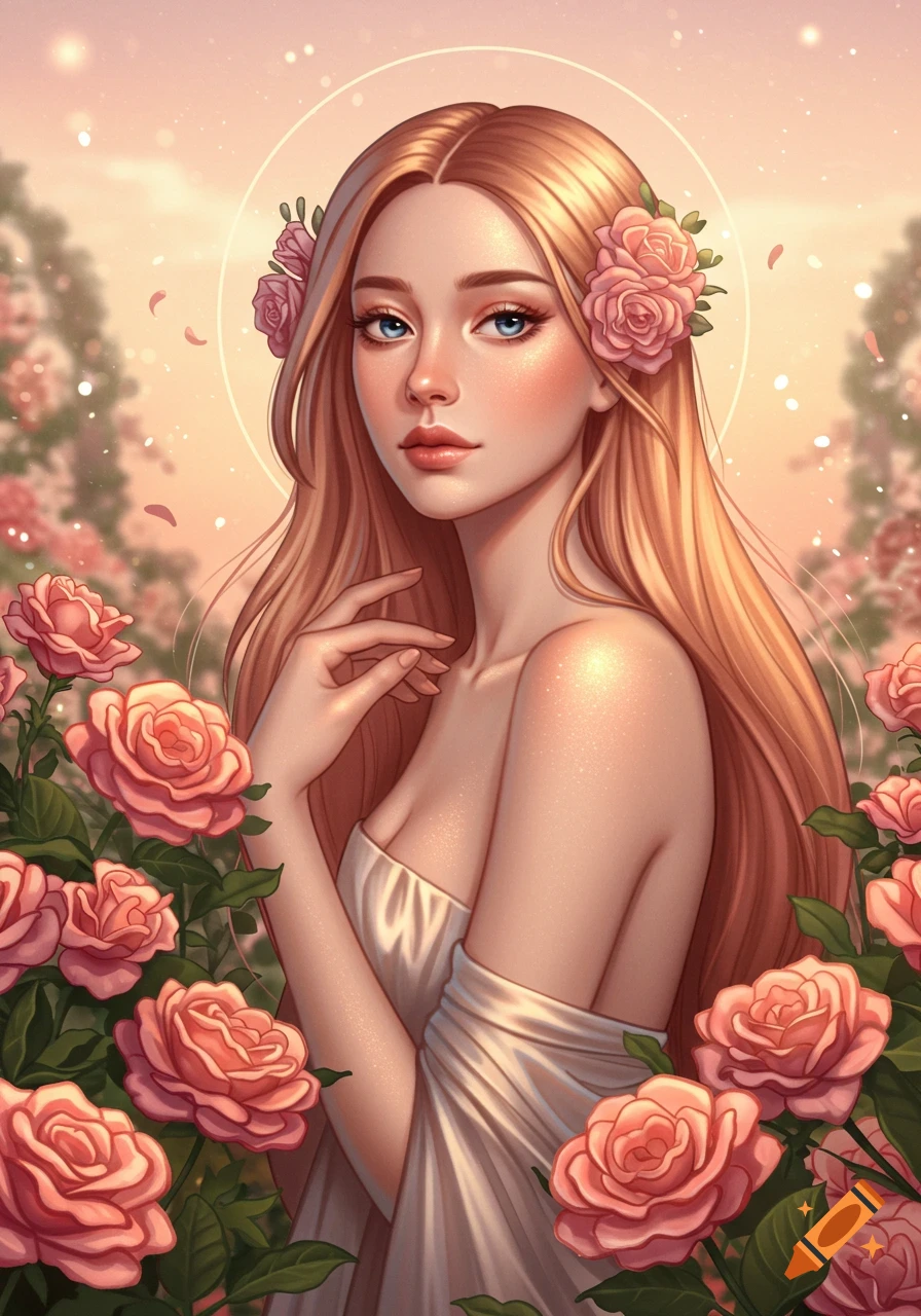 A beautiful woman with long blonde hair and blue eyes, wearing a white dress, surrounded by pink roses, in a soft, dreamy art style.