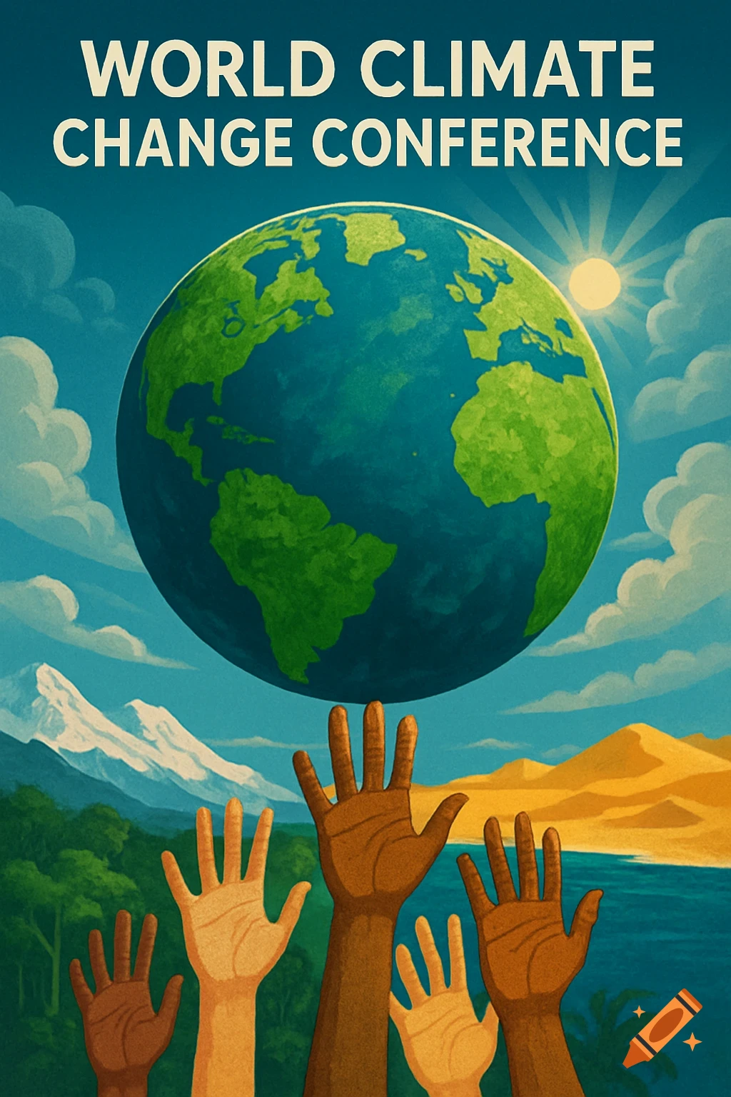 An illustrative poster with hands of different skin tones holding up the Earth, under text 'WORLD CLIMATE CHANGE CONFERENCE' with mountains and desert.