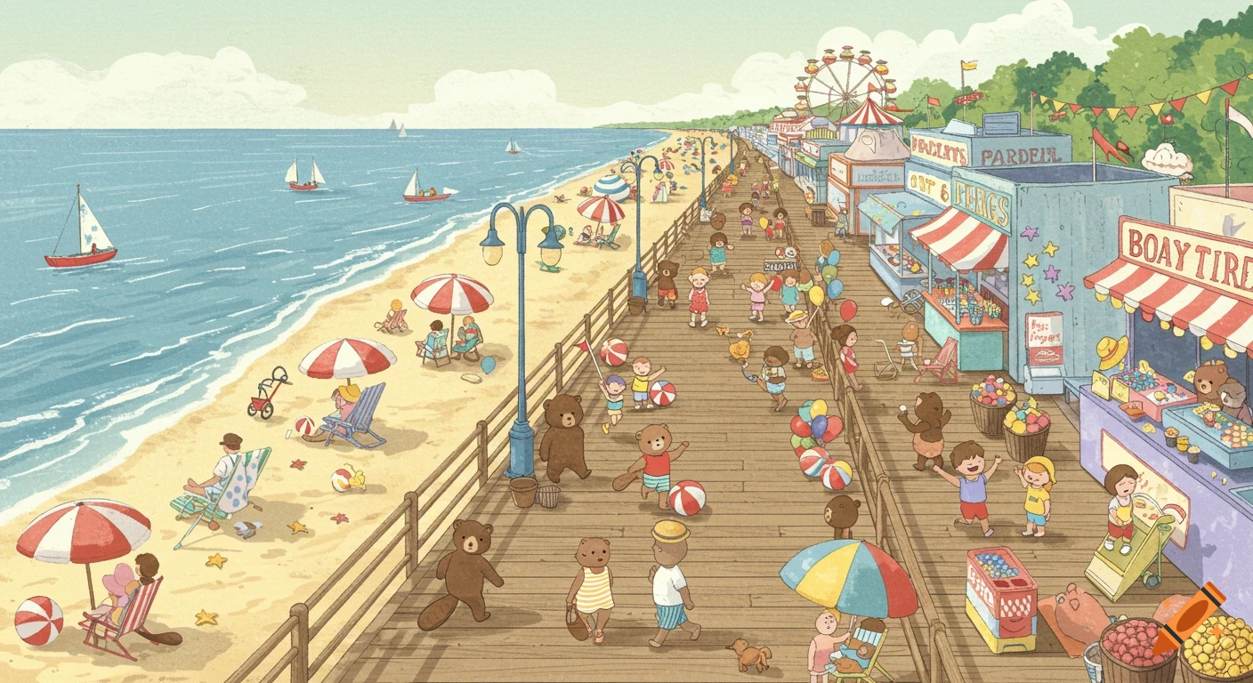 A colorful, cartoon-style illustration of a bustling beach boardwalk scene, with people, children, bears, and beavers enjoying the shops, rides, and sandy beach.