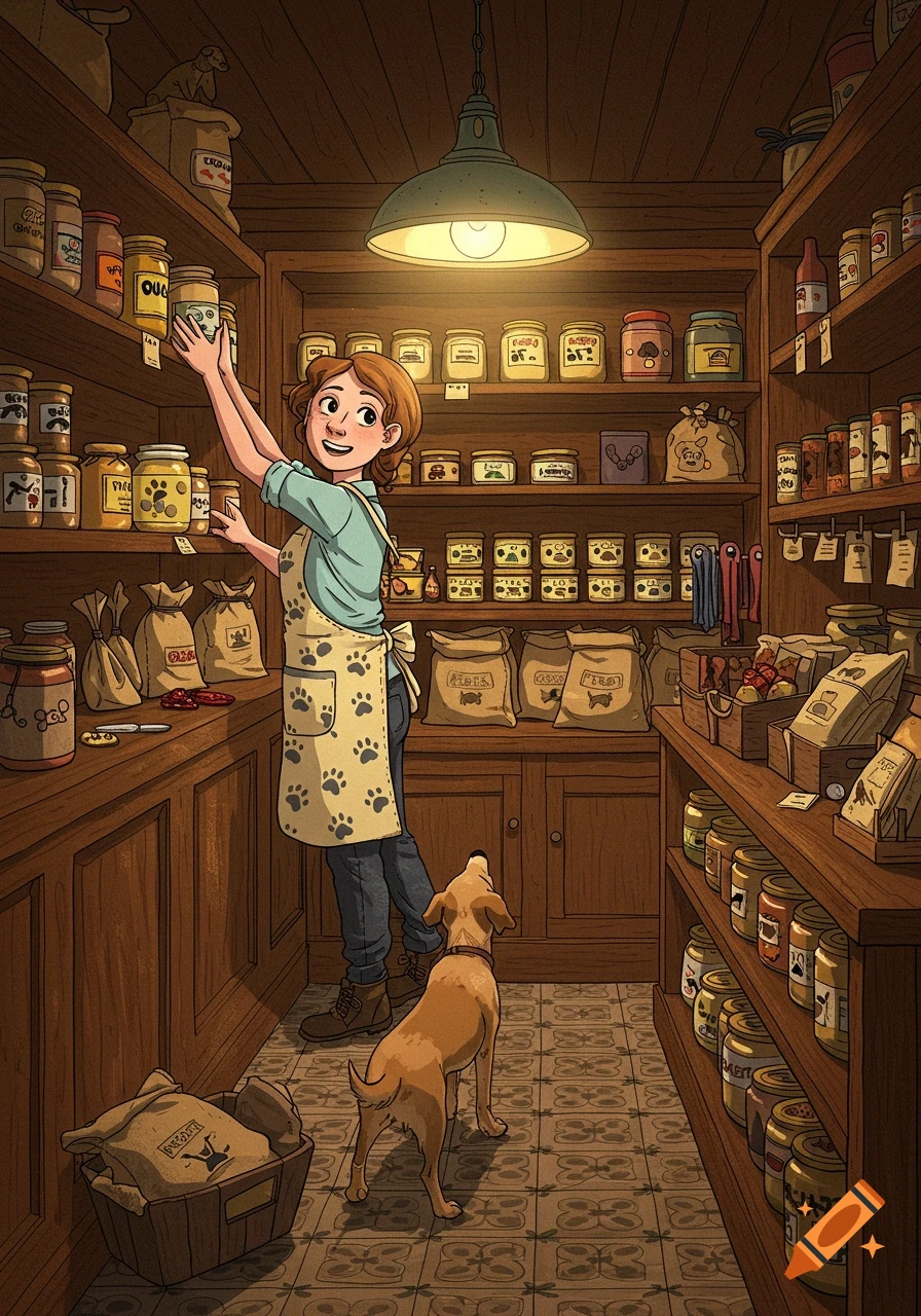 A woman in an apron reaches for a jar on a shelf in a rustic pet supply store, with a dog looking up at her. Illustrated style.
