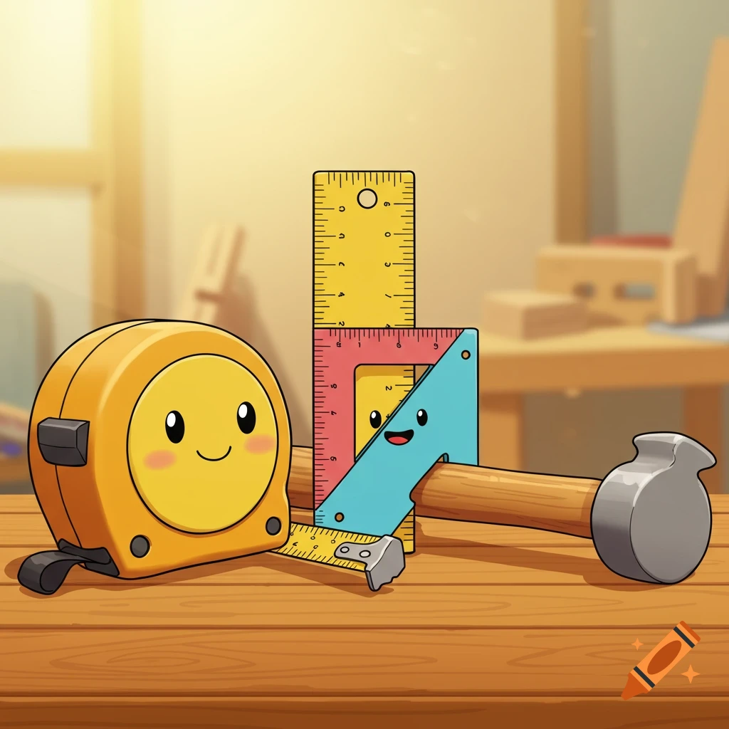 A cartoon tape measure, ruler, speed square, and hammer with cute faces on a wooden surface.