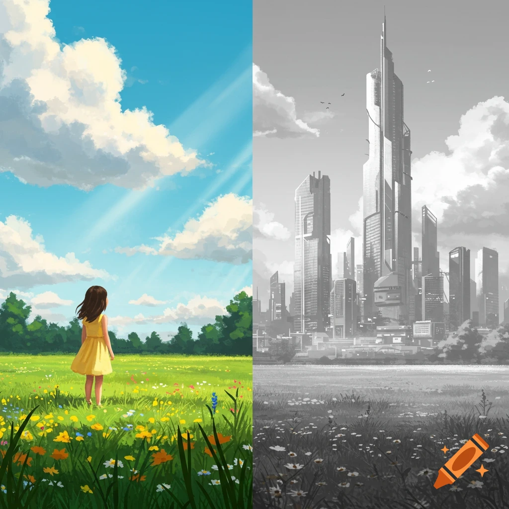 A split image showing a girl in a colorful meadow on the left and a grayscale futuristic cityscape on the right.